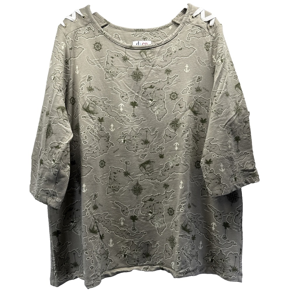 Denim & Co Women Green Map Print Laced Shoulder 3/4 Sleeve Top 1X Plus